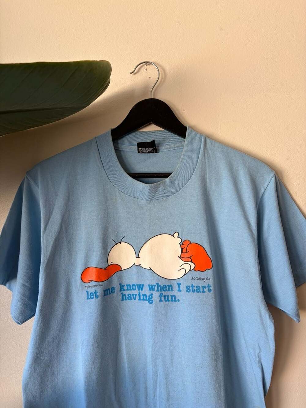 80s funny Duck Graphic T-Shirt Size L Light Blue